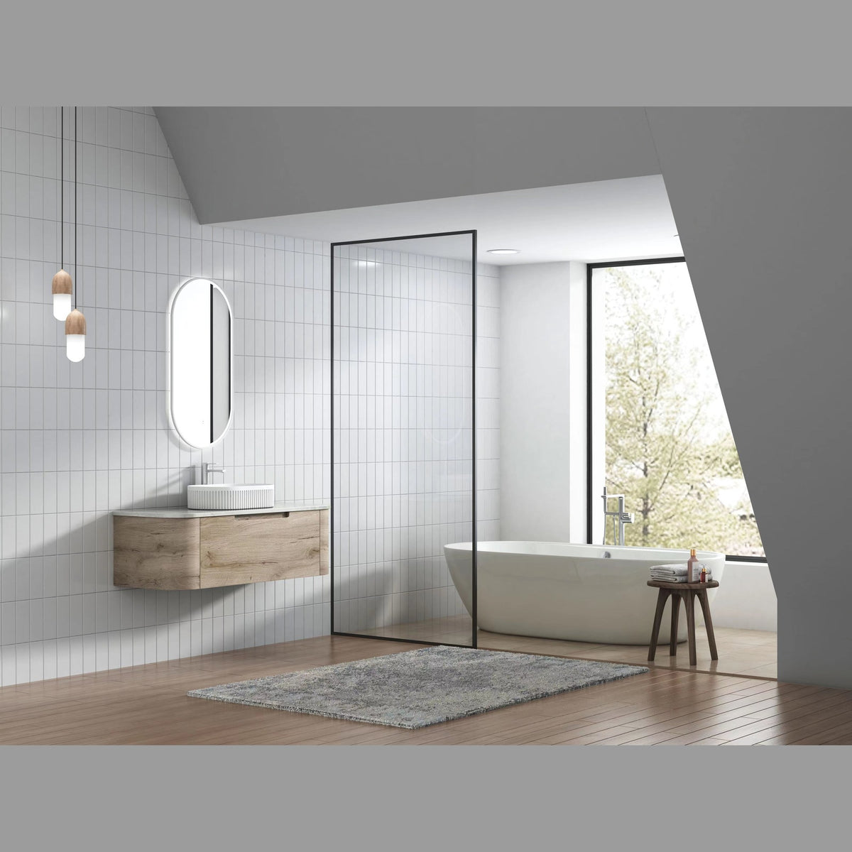 Aulic Hamilton wall hung vanity in woodgrain finish, curved ends and stone top, styled in a modern bathroom