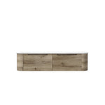 Aulic Hamilton wall hung vanity with woodgrain drawers, curved ends and white top, front view