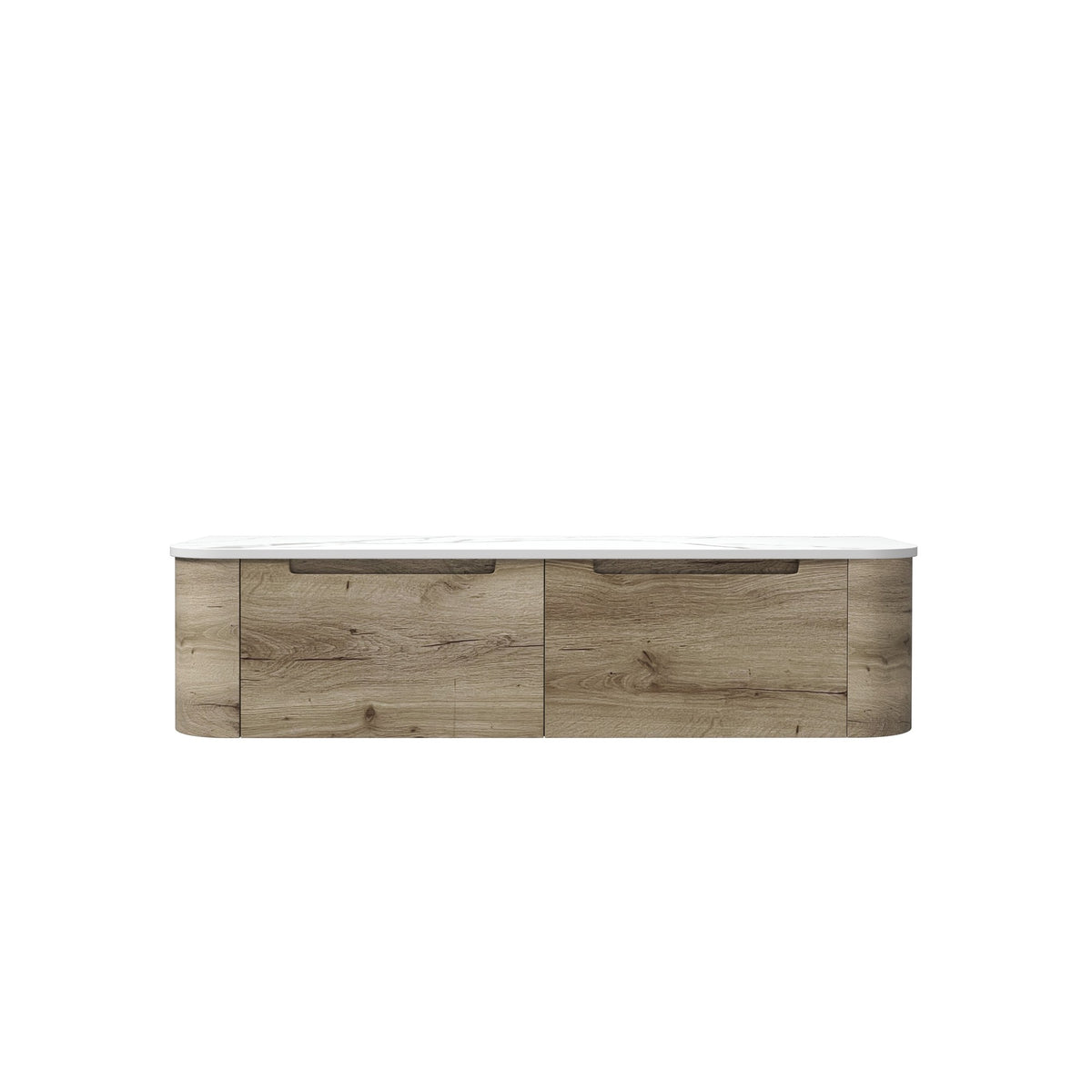 Aulic Hamilton wall hung vanity with woodgrain drawers, curved ends and white top, front view
