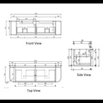 Aulic Hamilton 1500mm wall hung vanity technical drawing showing front, top and side views with curved ends and drawers