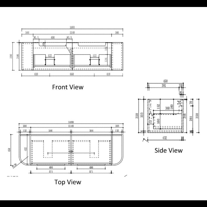 Aulic Hamilton 1500mm wall hung vanity technical drawing showing front, top and side views with curved ends and drawers