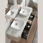 Aulic Hamilton wall hung vanity with curved woodgrain drawers, marble-look top and twin white basin sinks in a bathroom setting