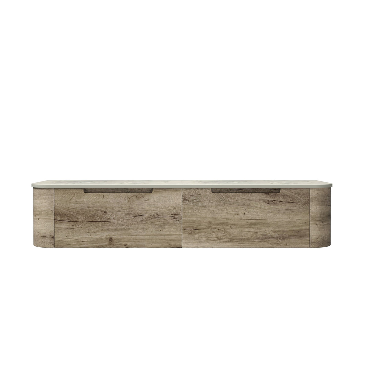 Aulic Hamilton wall hung vanity in woodgrain finish with curved ends, flat stone top and handleless drawers