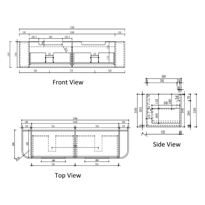 Aulic Hamilton wall hung vanity technical drawing showing front, top and side views with curved ends and double drawers