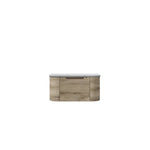 Aulic Hamilton wall hung vanity in timber grain look with curved ends and light stone top, front view