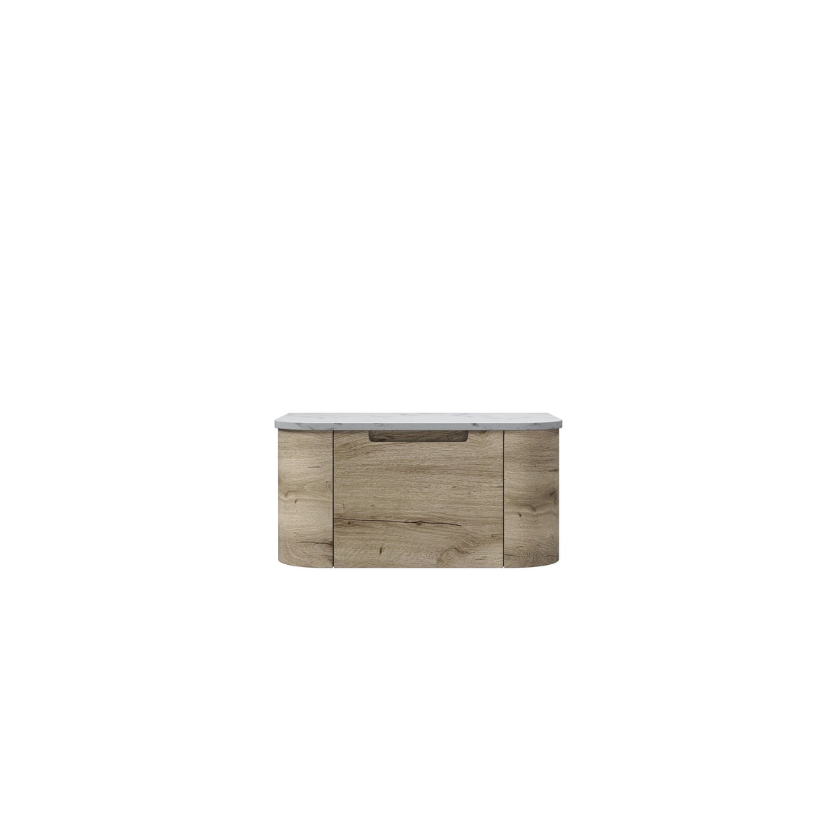 Aulic Hamilton wall hung vanity in timber grain look with curved ends and light stone top, front view