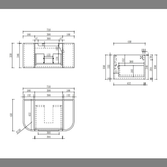 Aulic Hamilton wall hung vanity technical drawing, 750mm timber grain cabinet with curved ends and dimensions shown