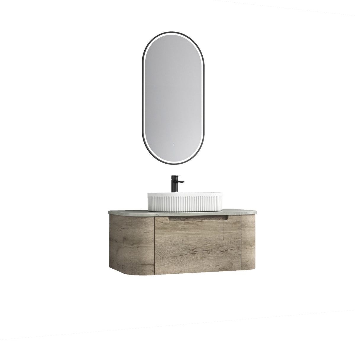 Aulic Hamilton wall hung vanity in woodgrain with curved ends, flat stone top and round basin, front view