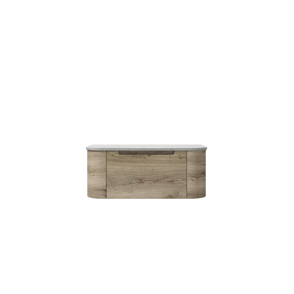 Aulic Hamilton wall hung vanity with curved ends, timber grain finish and speckled stone top, front view