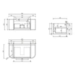 Aulic Hamilton 900mm wall hung vanity technical drawing showing curved end and drawer dimensions
