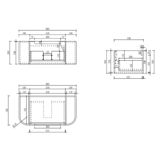 Aulic Hamilton 900mm wall hung vanity technical drawing showing curved end and drawer dimensions