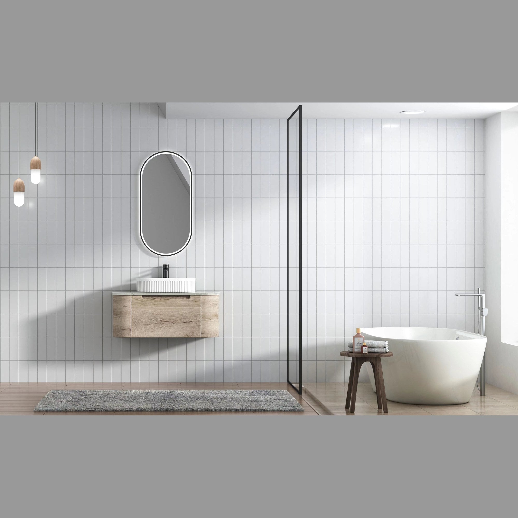 Aulic Hamilton woodgrain wall hung vanity with stone top, curved ends and oval basin in a modern bathroom setting