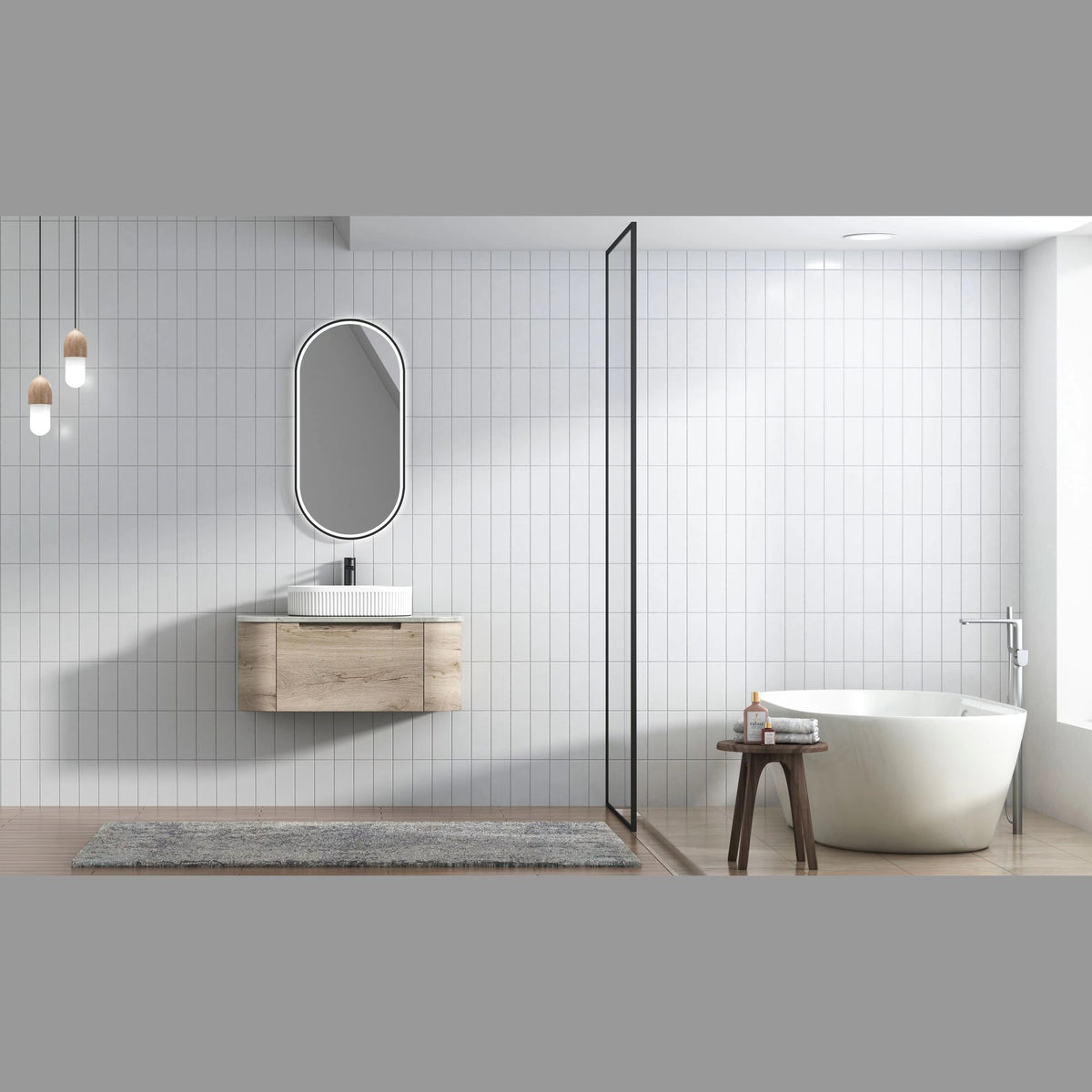 Aulic Hamilton woodgrain wall hung vanity with stone top, curved ends and oval basin in a modern bathroom setting