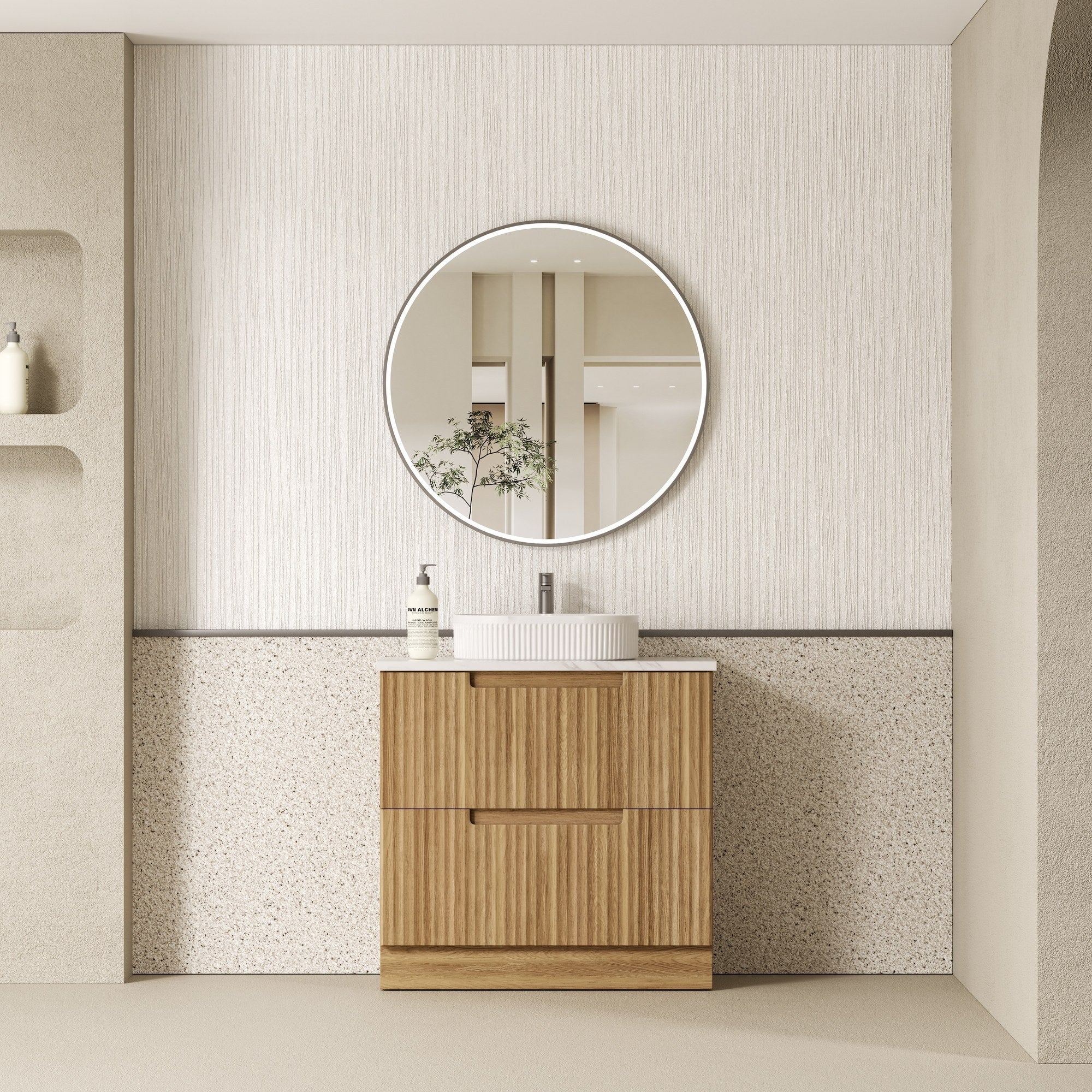 Aulic Lovina fluted floor standing vanity in Harvest Oak with ceramic top and basin, shown in a bathroom setting