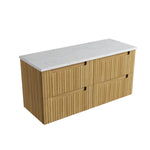 Aulic Lovina Tier 1200mm wall hung vanity in Harvest Oak with fluted drawers and white stone-look top
