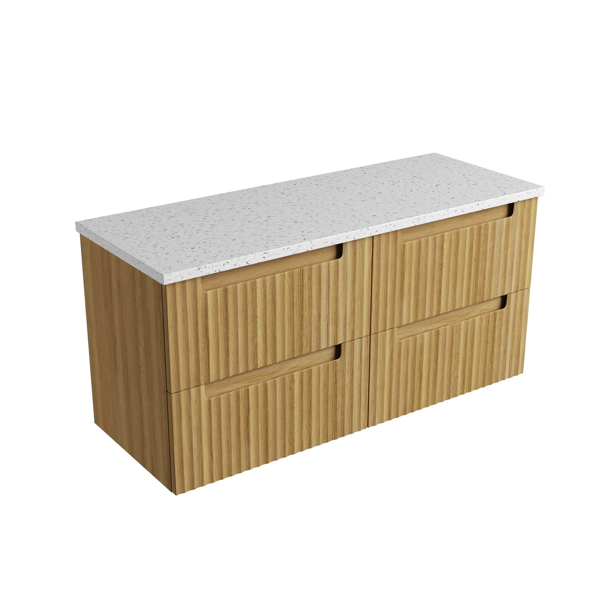 Aulic Lovina Tier 1200mm wall hung vanity in Harvest Oak woodgrain with stacked drawers and speckled white top