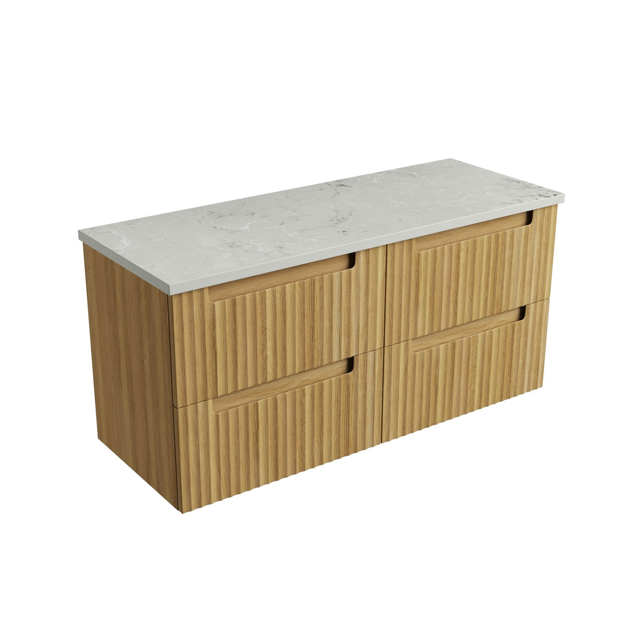 Aulic Lovina Tier 1200mm wall hung vanity with Harvest Oak fluted drawers and light stone-look top