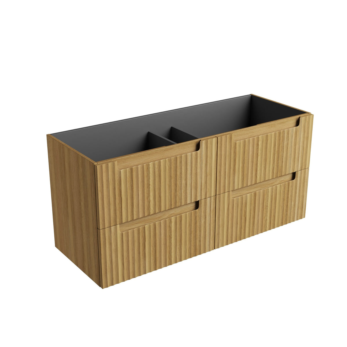 Aulic Lovina Tier 1200mm wall hung vanity in Harvest Oak woodgrain with fluted drawer fronts and graphite interior