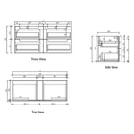 Aulic Lovina Tier 1200mm wall hung vanity technical drawing, front, side and top views with drawer dimensions