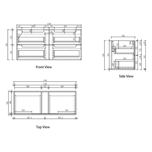 Aulic Lovina Tier 1200mm wall hung vanity technical drawing, front, side and top views with drawer dimensions