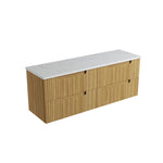 Aulic Lovina Tier wall hung vanity in Harvest Oak with fluted drawers and white stone-look top, angled view