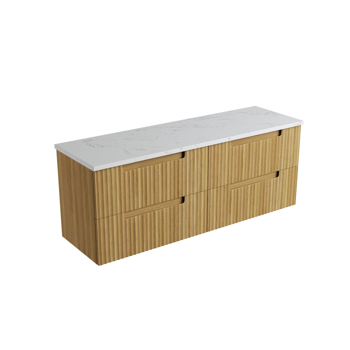 Aulic Lovina Tier wall hung vanity in Harvest Oak with fluted drawers and white stone-look top, angled view