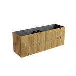 Aulic Lovina Tier wall hung vanity in Harvest Oak with fluted drawer fronts and graphite interior, angled view
