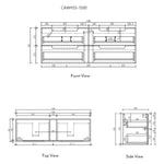 Technical drawing of Aulic Lovina Tier 1500mm wall hung vanity, front, top and side views with dimensions and stacked drawers
