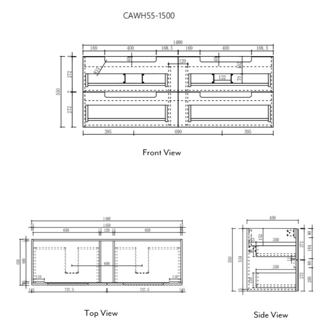 Technical drawing of Aulic Lovina Tier 1500mm wall hung vanity, front, top and side views with dimensions and stacked drawers