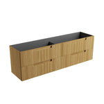 Aulic Lovina Tier wall hung vanity in Harvest Oak, with fluted fronts, stacked drawers and graphite interior, angled view