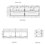 Technical drawing of Aulic Lovina Tier 1800mm wall hung vanity, front, top and side views with double bowl layout