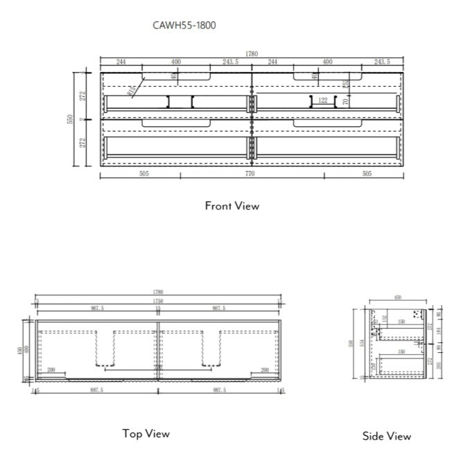Technical drawing of Aulic Lovina Tier 1800mm wall hung vanity, front, top and side views with double bowl layout
