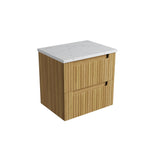 Aulic Lovina Tier wall hung vanity, Harvest Oak fluted drawers with white stone top, angled view