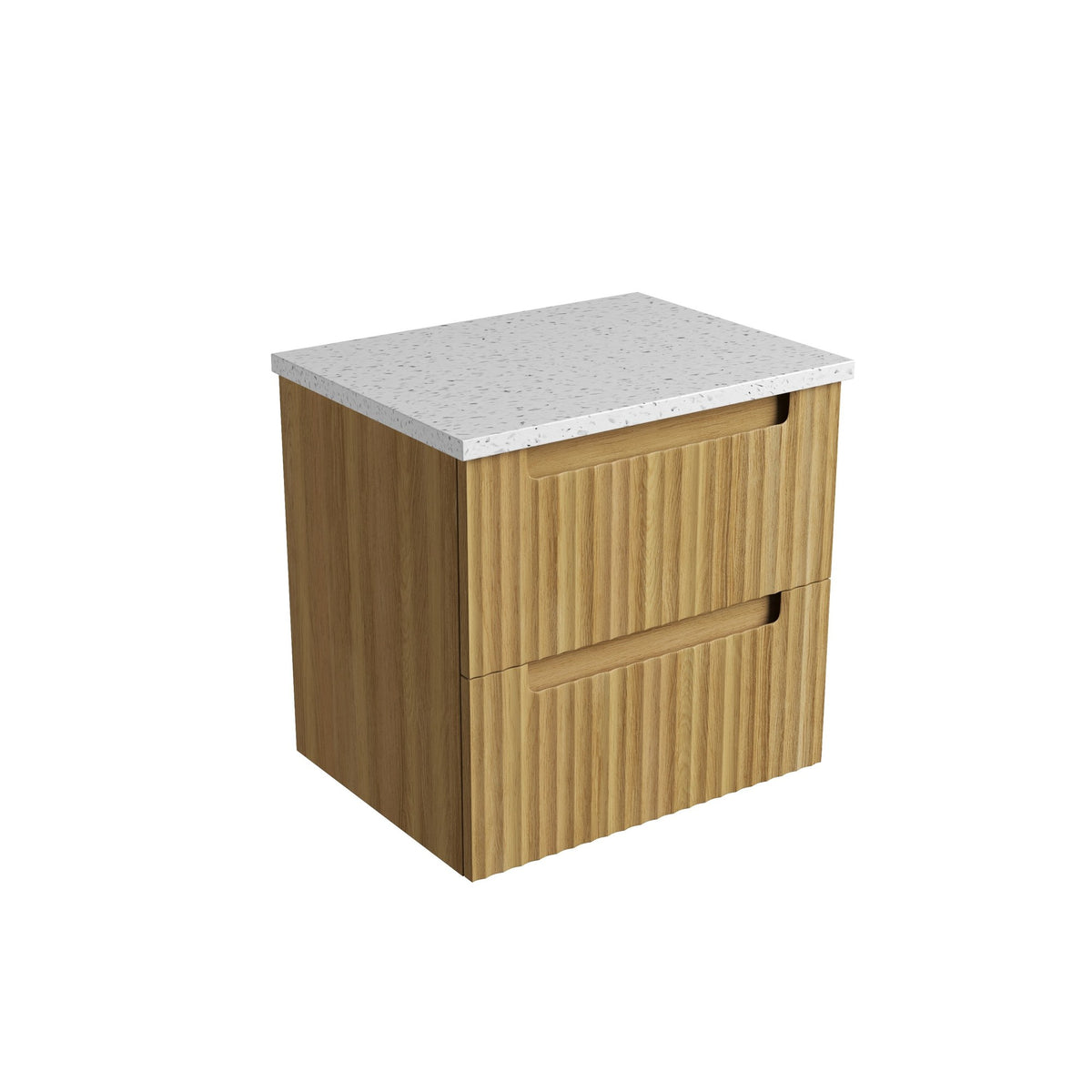 Aulic Lovina Tier 600mm wall hung vanity in Harvest Oak with Alpine White flat stone top, front view