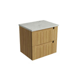 Aulic Lovina Tier wall hung vanity with fluted woodgrain drawers and light stone-look top on white background