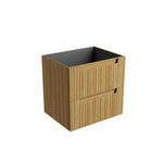 Aulic Lovina Tier wall hung vanity cabinet in Harvest Oak woodgrain with fluted twin drawers, angled front view