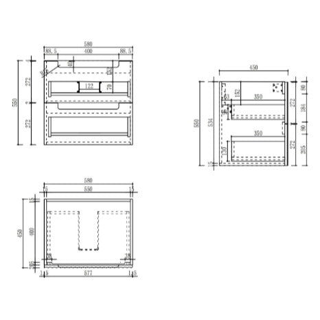 Technical drawing of Aulic Lovina Tier 600mm wall hung vanity with Cato stone top and undermount basin, showing dimensions and drawer layout