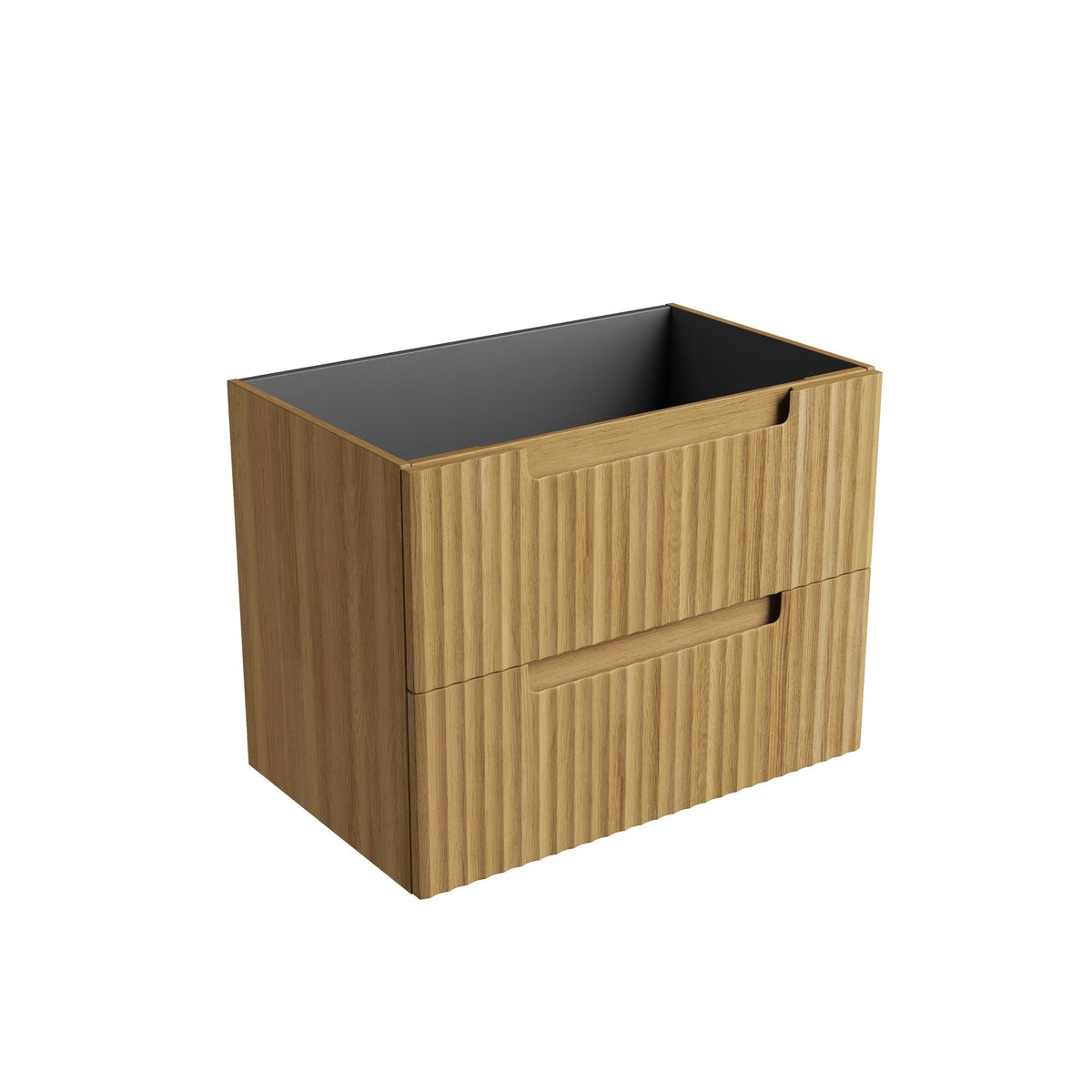Aulic Lovina Tier wall hung vanity cabinet in Harvest Oak, with fluted drawers and graphite interior, shown on white background