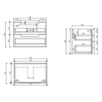 Technical line drawing of Aulic Lovina Tier 750mm wall hung vanity, showing front, side and top dimensions with drawer layout