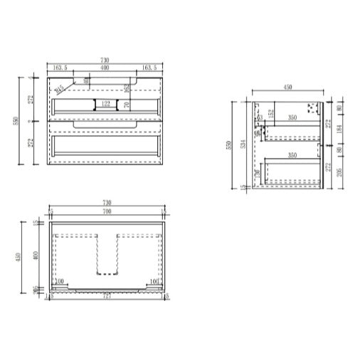 Technical line drawing of Aulic Lovina Tier 750mm wall hung vanity, showing front, side and top dimensions with drawer layout