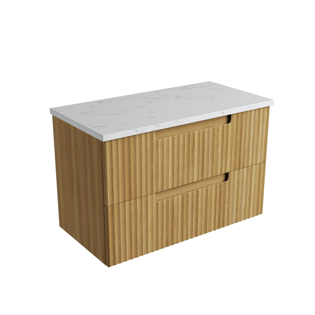 Aulic Lovina Tier wall hung vanity with fluted Harvest Oak drawers and white stone-look top, angled front view