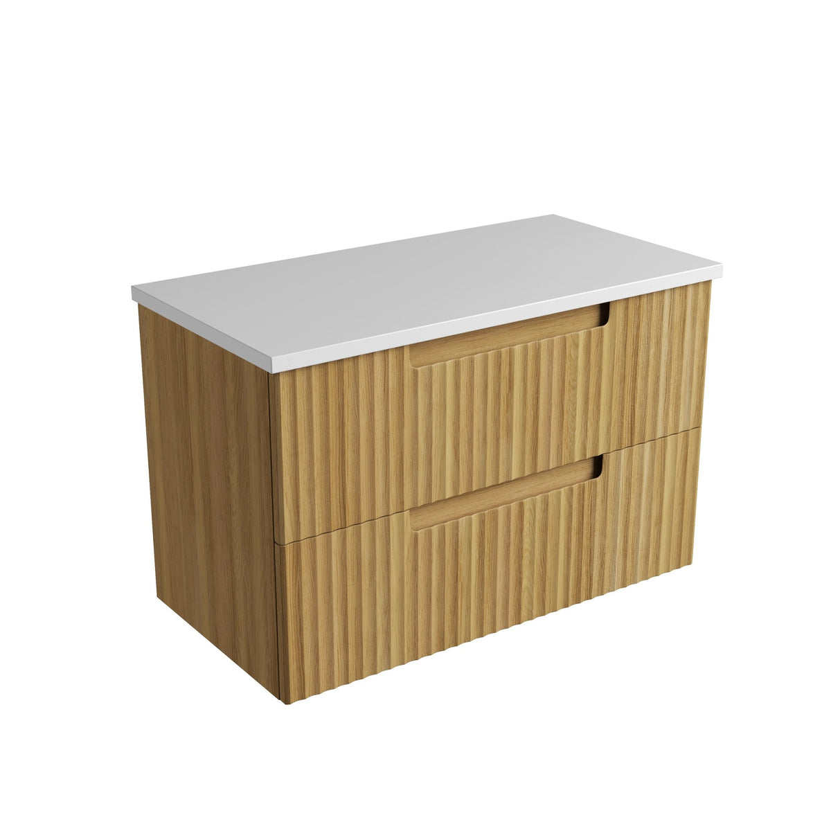 Aulic Lovina Tier wall hung vanity in Harvest Oak with fluted drawer fronts and white top, angled product view