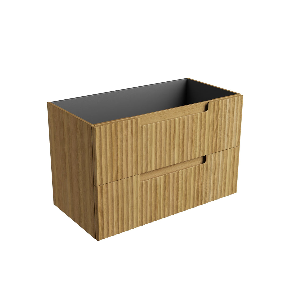 Aulic Lovina Tier wall hung vanity cabinet in Harvest Oak, with fluted drawer fronts and graphite interior, angled view