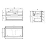 Technical drawing of Aulic Lovina Tier 900mm wall hung vanity, showing front and side dimensions and drawer layout