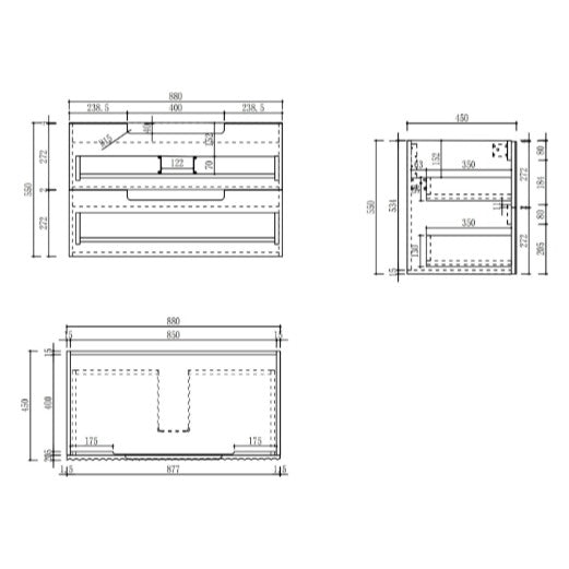 Technical drawing of Aulic Lovina Tier 900mm wall hung vanity, showing front and side dimensions and drawer layout