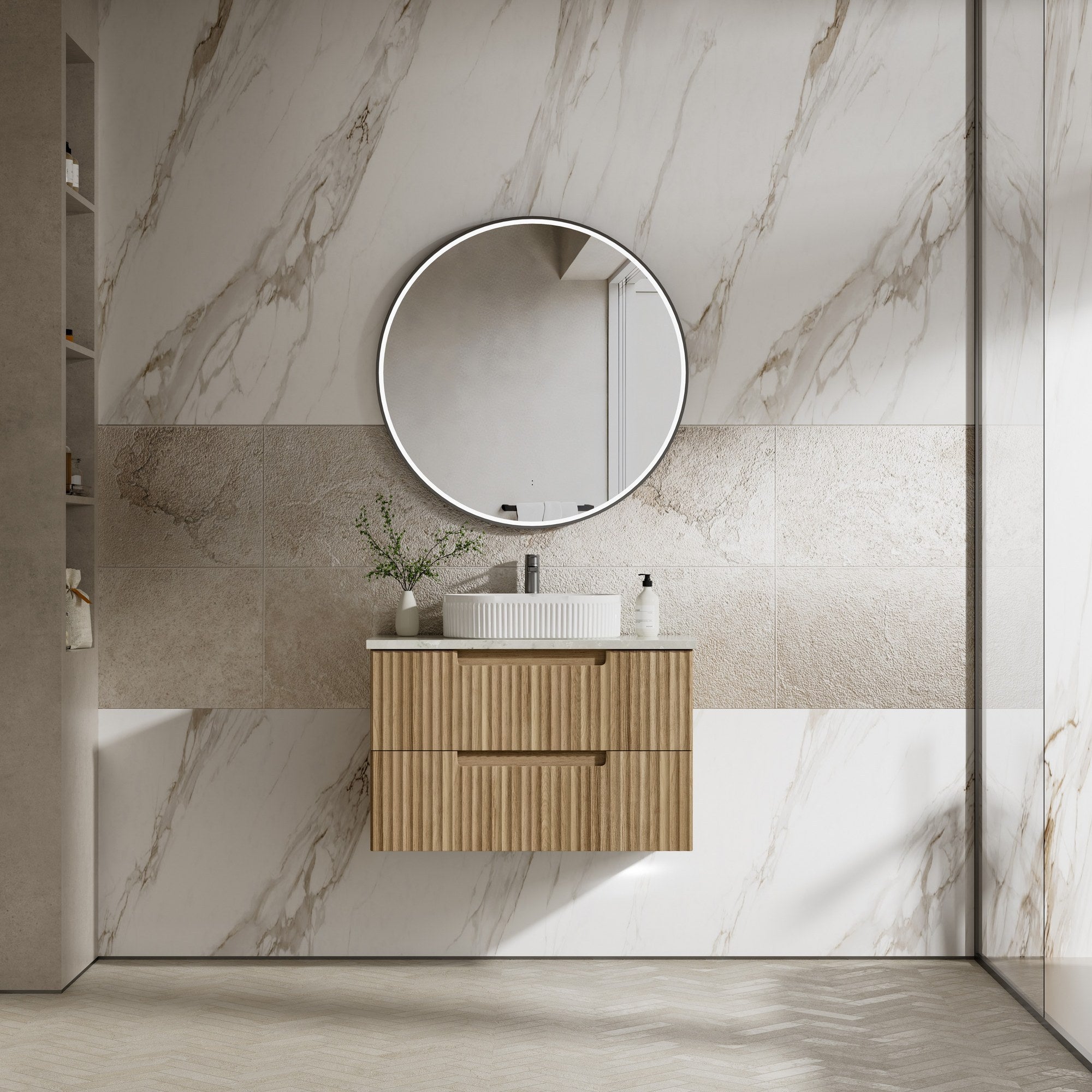 Aulic Lovina Tier wall hung vanity in Harvest Oak, fluted drawer fronts with white basin top in a modern bathroom setting
