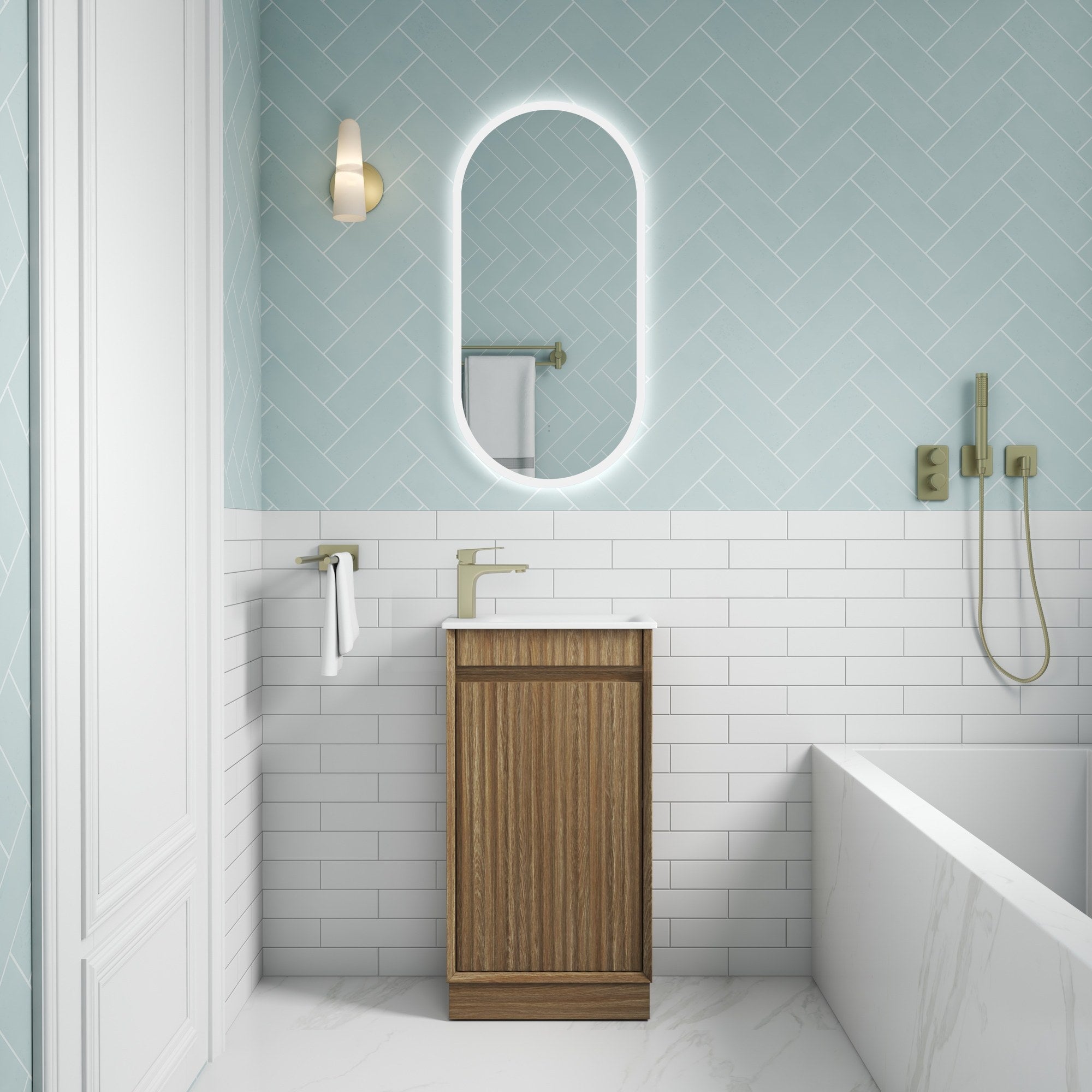 Aulic Mini Ravia floor standing vanity in Harvest Oak with white top, shown in a bathroom setting