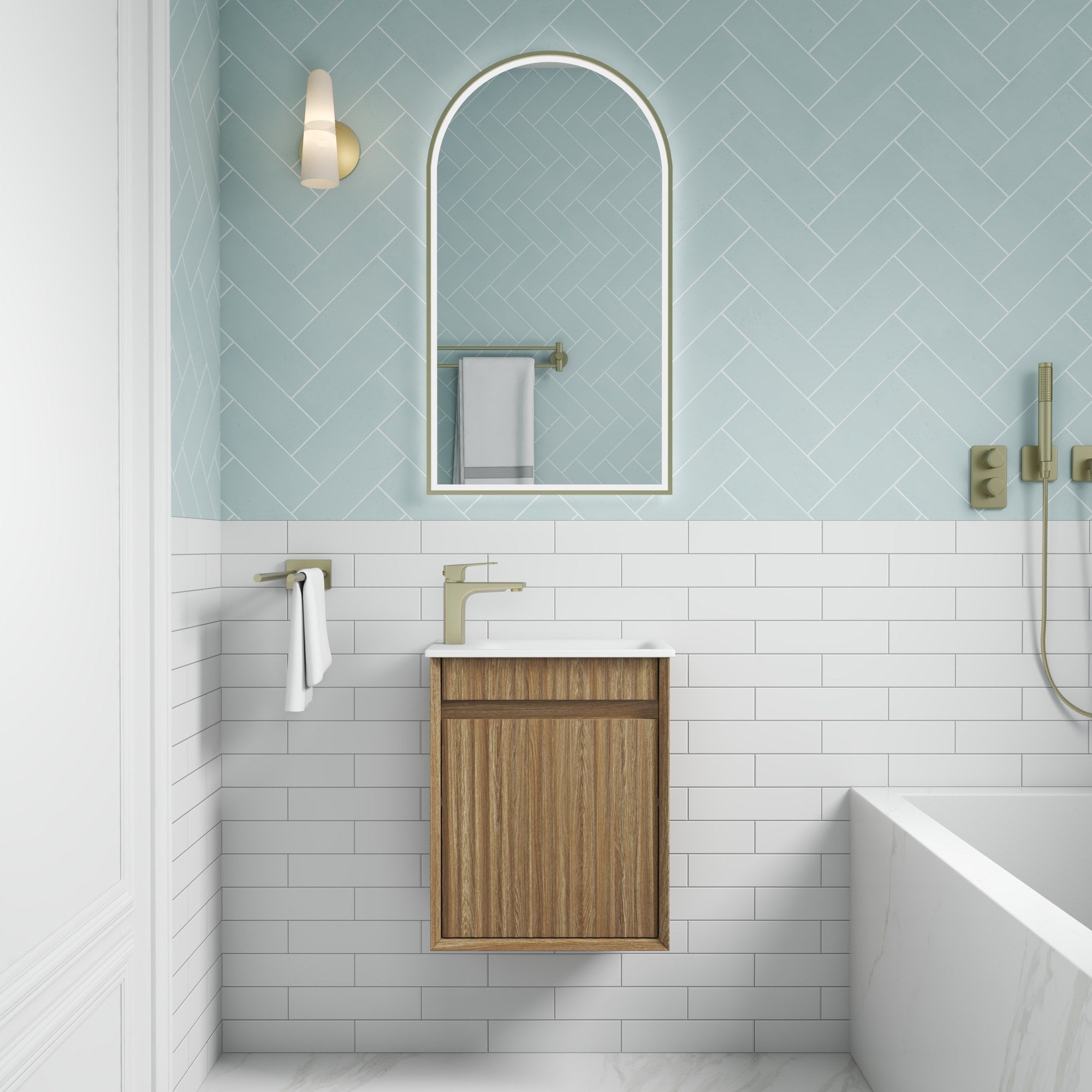 Aulic Mini Ravia wall hung vanity in Harvest Oak with white top, shown in a bathroom setting underneath a tap and mirror
