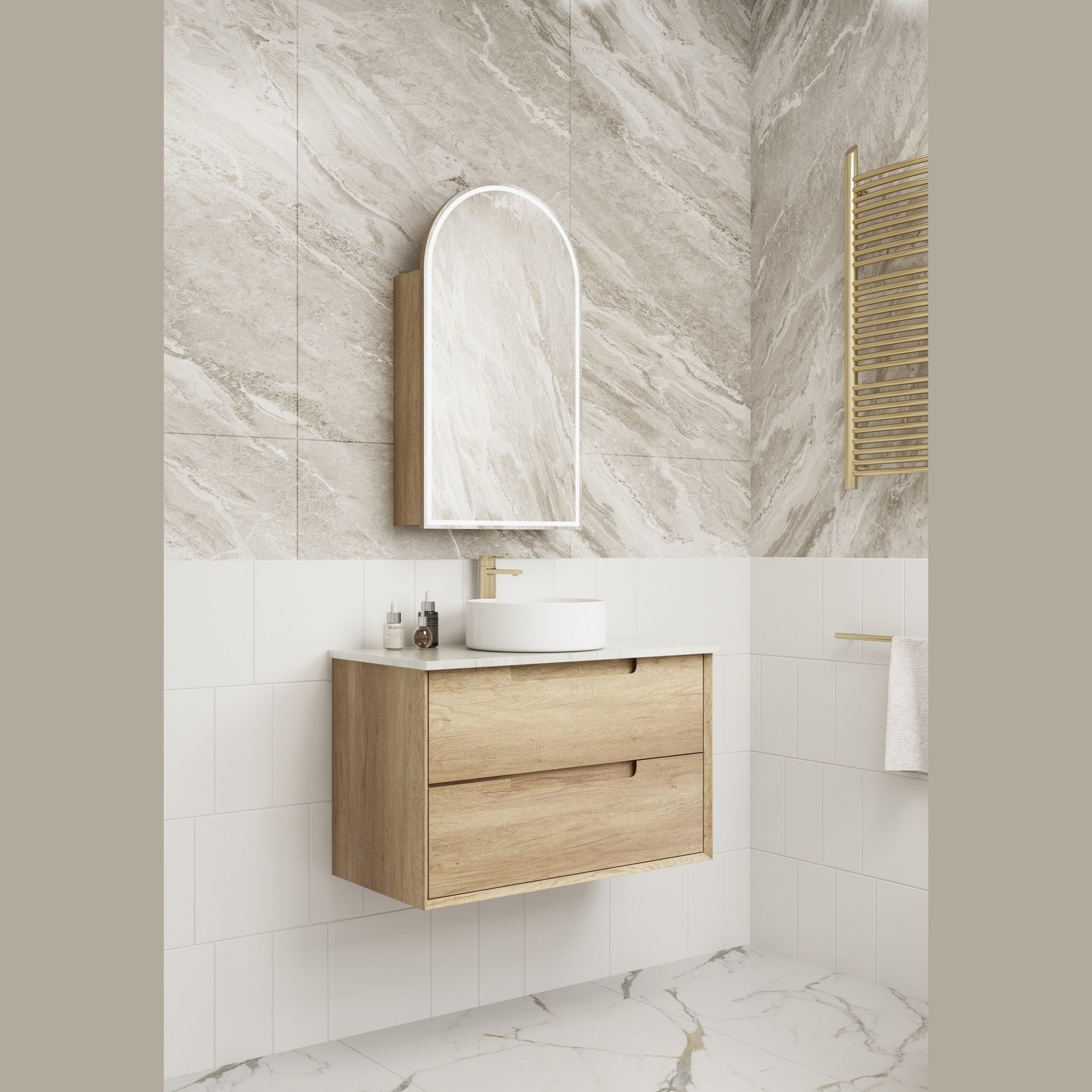 Aulic Moreno wall hung vanity in woodgrain finish, shown in a bathroom with two drawer fronts and no top installed