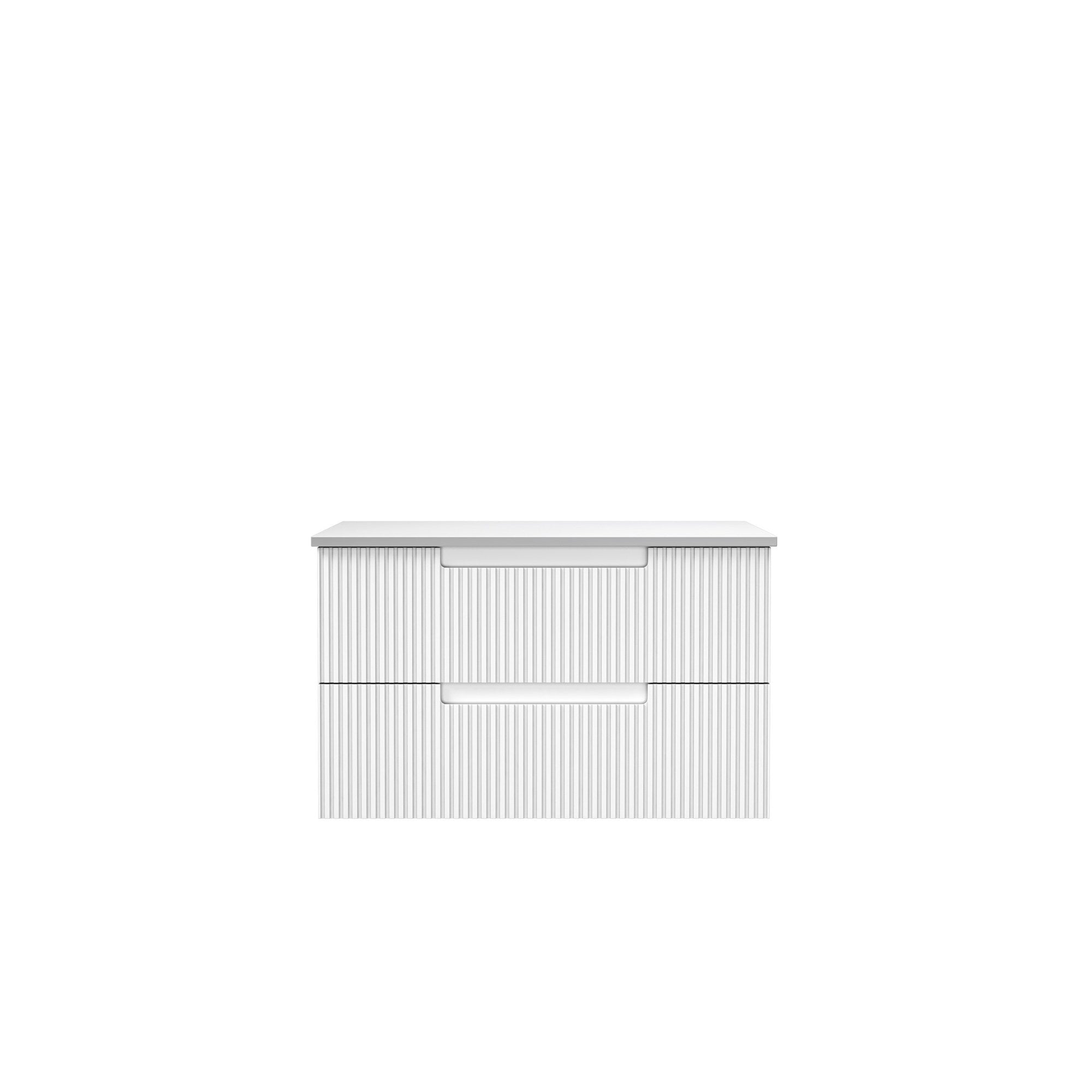 Aulic Neva white fluted wall hung vanity, front view, with two drawer fronts and no top fitted
